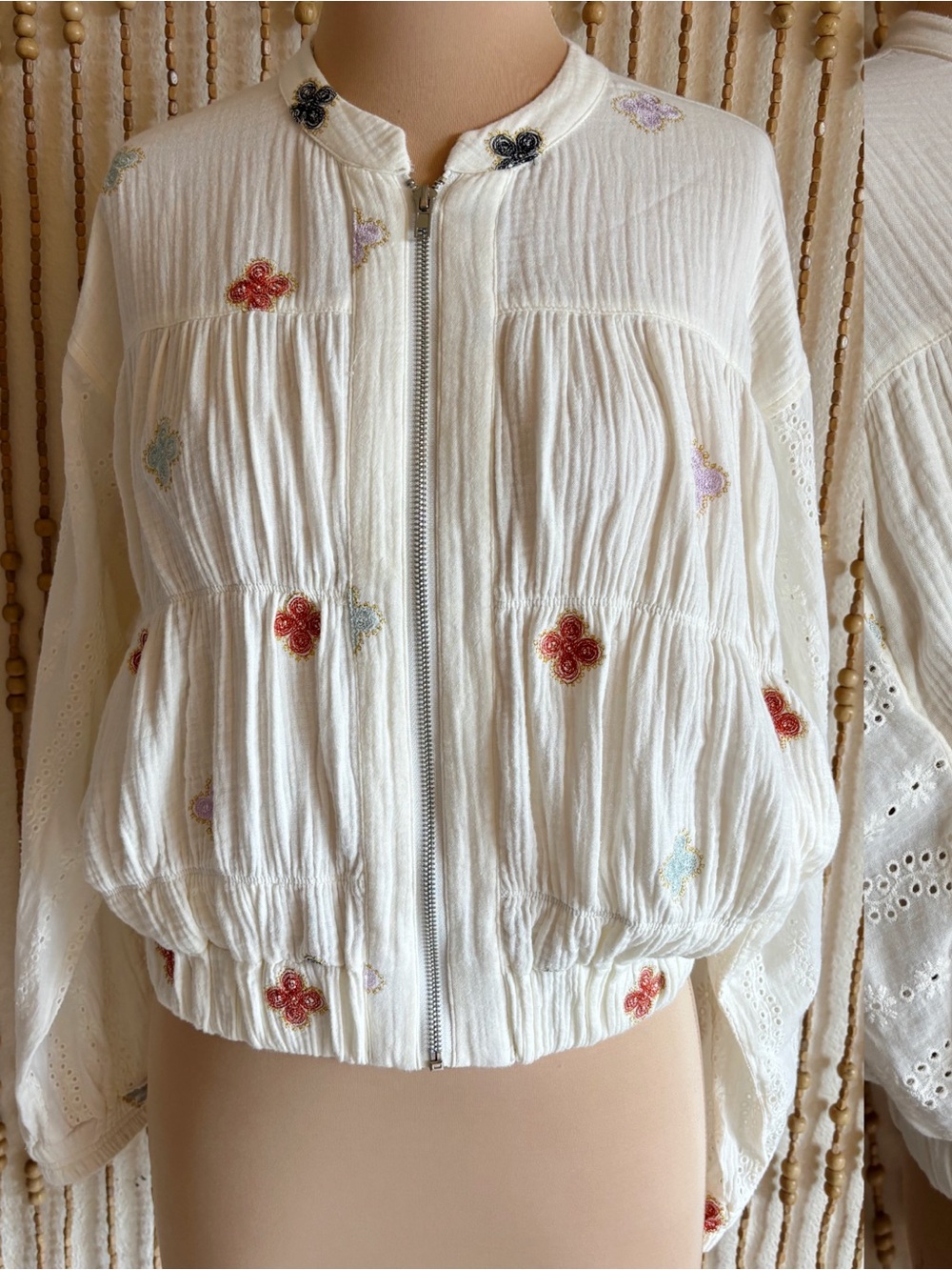 Mystree Anthropologie Embroidered Eyelet Dolman Long Sleeve Zip Up Cotton Jacket